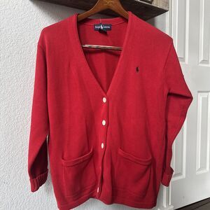 Vintage Polo Ralph Lauren Cardigan Sweater 100% Cotton Red Size Medium